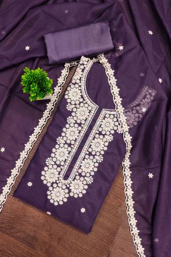 purple georgette embroidered unstitched dressmaterials 3 pair top bottom dupptaa