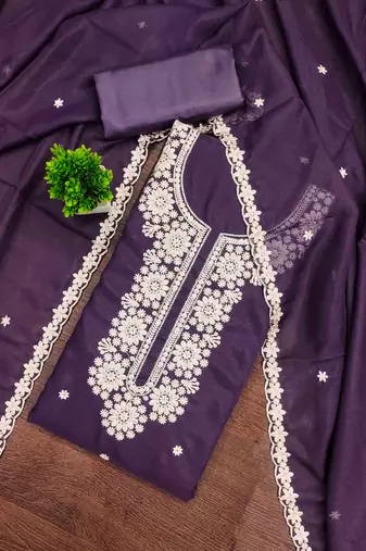 purple georgette embroidered unstitched dressmaterials 3 pair top bottom dupptaa