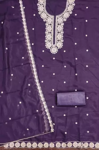 purple georgette embroidered unstitched dressmaterials 3 pair top bottom dupptaa