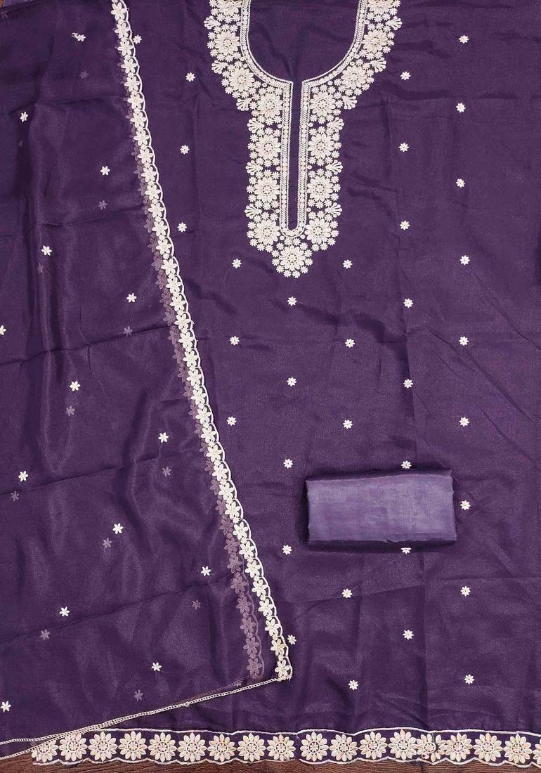 purple georgette embroidered unstitched dressmaterials 3 pair top bottom dupptaa