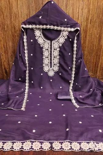 purple georgette embroidered unstitched dressmaterials 3 pair top bottom dupptaa
