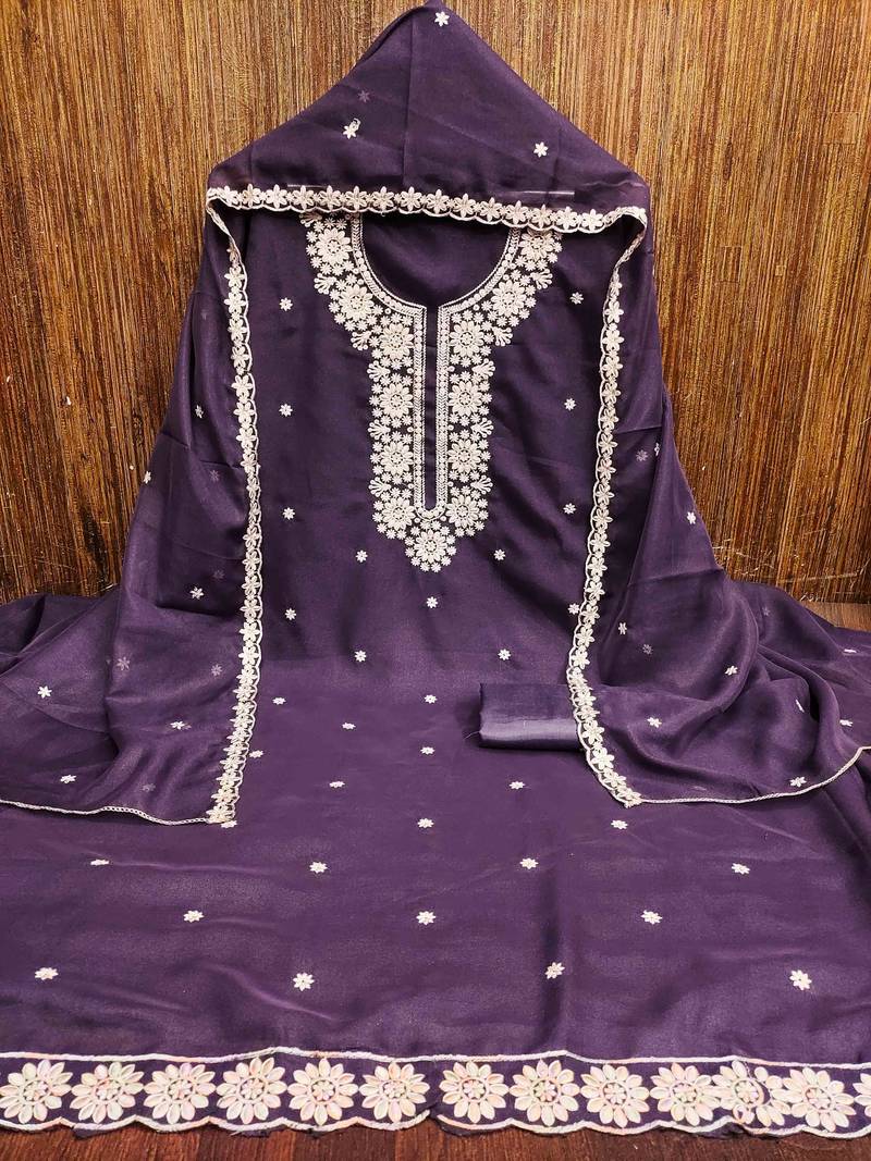purple georgette embroidered unstitched dressmaterials 3 pair top bottom dupptaa