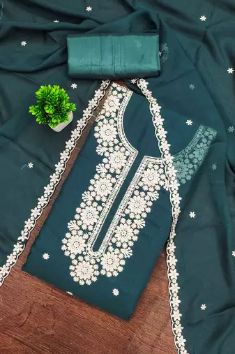 teal georgette embroidered unstitched dressmaterials 3 pair top bottom dupptaa