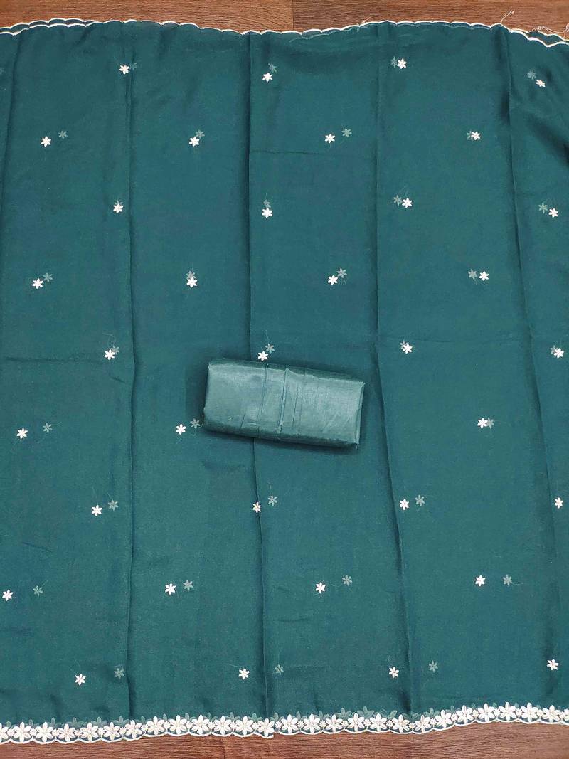 teal georgette embroidered unstitched dressmaterials 3 pair top bottom dupptaa