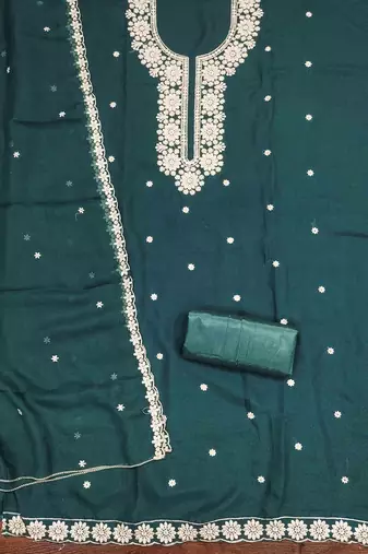 teal georgette embroidered unstitched dressmaterials 3 pair top bottom dupptaa