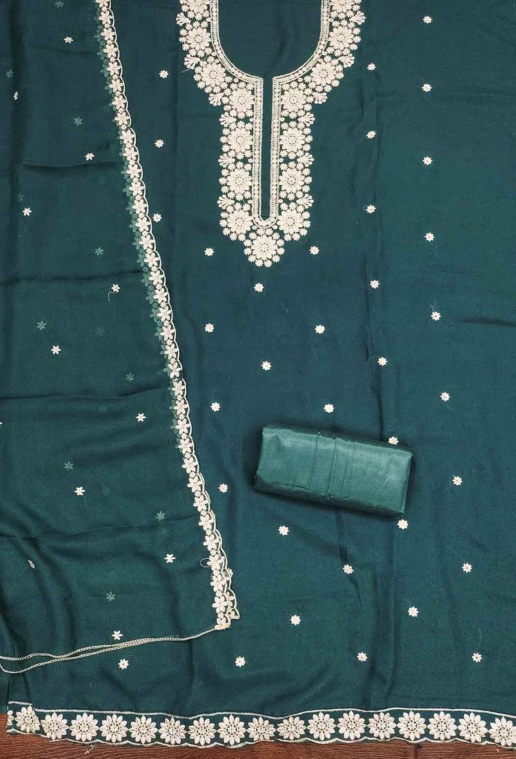 teal georgette embroidered unstitched dressmaterials 3 pair top bottom dupptaa