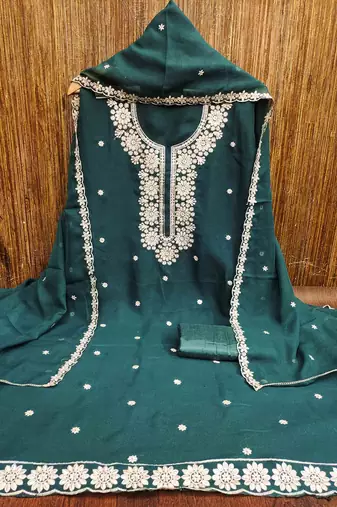 teal georgette embroidered unstitched dressmaterials 3 pair top bottom dupptaa