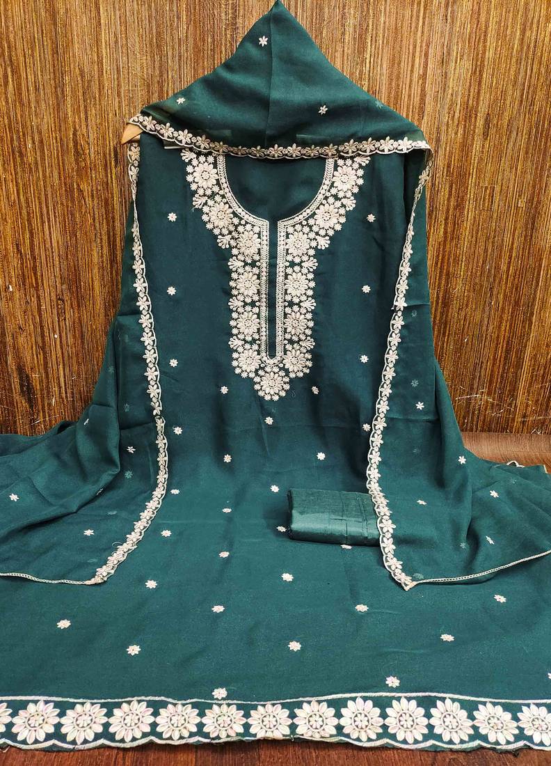 teal georgette embroidered unstitched dressmaterials 3 pair top bottom dupptaa