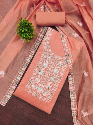 Orange chanderi  embroidered unstitched dressmaterials 3 pair top bottom dupptaa 1