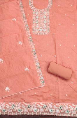 Orange chanderi  embroidered unstitched dressmaterials 3 pair top bottom dupptaa 3