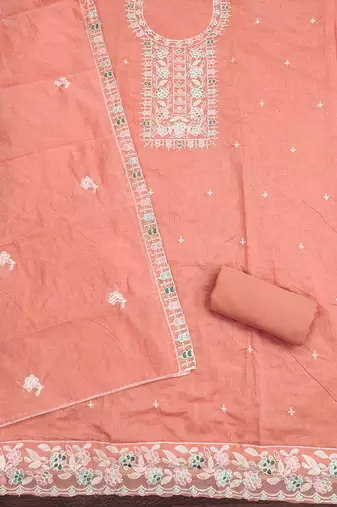 Orange chanderi  embroidered unstitched dressmaterials 3 pair top bottom dupptaa