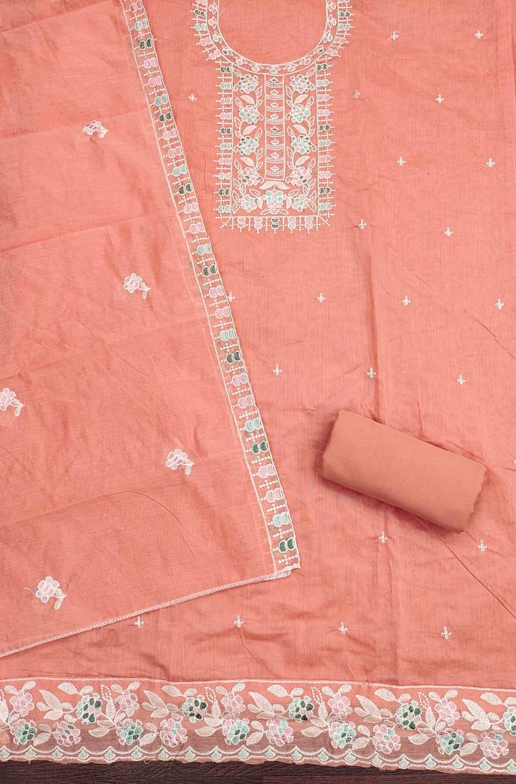 Orange chanderi  embroidered unstitched dressmaterials 3 pair top bottom dupptaa