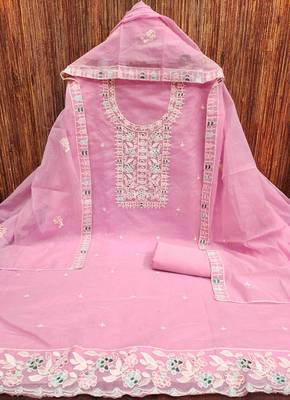 Pink chanderi  embroidered unstitched dressmaterials 3 pair top bottom dupptaa 2