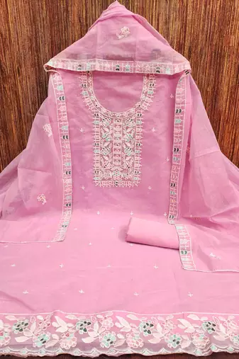 Pink chanderi  embroidered unstitched dressmaterials 3 pair top bottom dupptaa