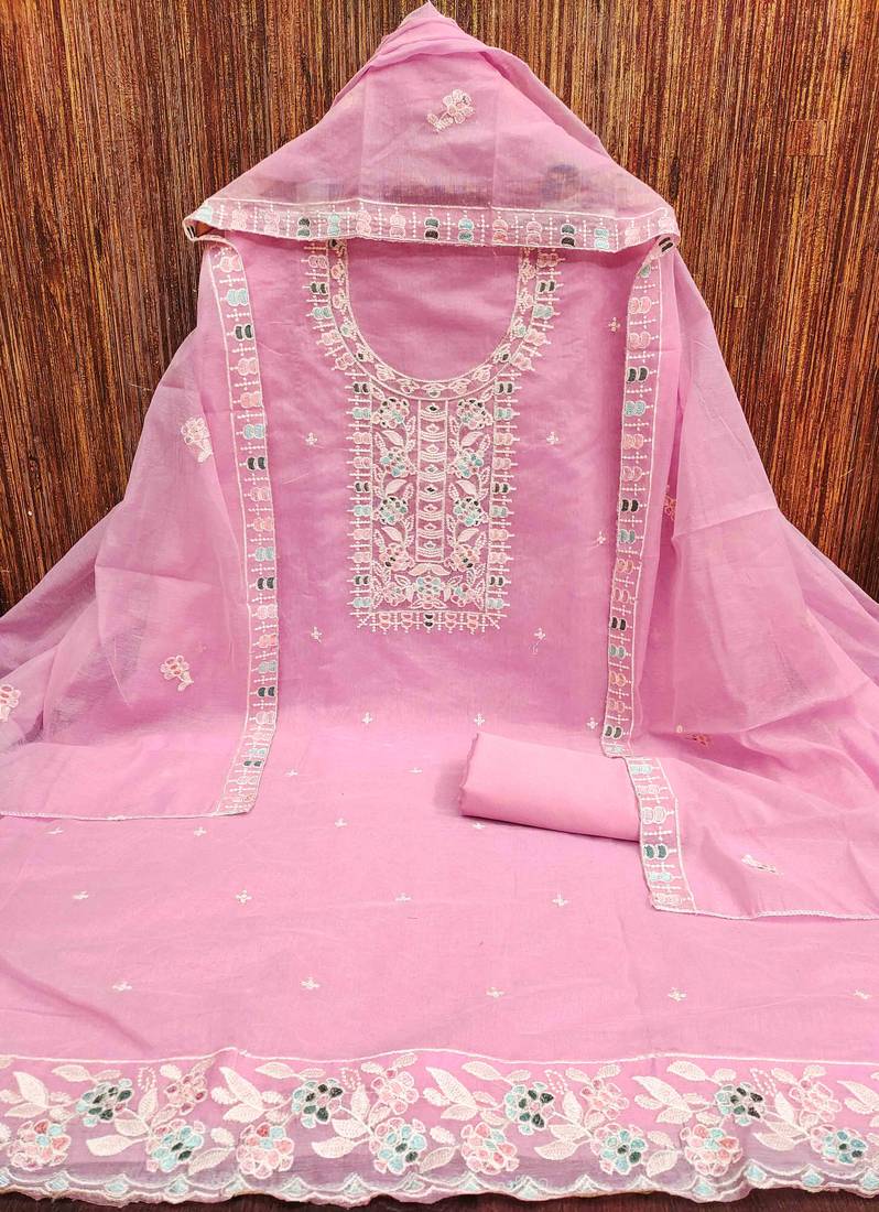 Pink chanderi  embroidered unstitched dressmaterials 3 pair top bottom dupptaa