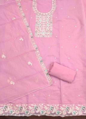 Pink chanderi  embroidered unstitched dressmaterials 3 pair top bottom dupptaa 3
