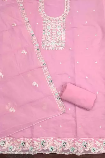 Pink chanderi  embroidered unstitched dressmaterials 3 pair top bottom dupptaa