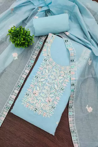 Teal chanderi  embroidered unstitched dressmaterials 3 pair top bottom dupptaa