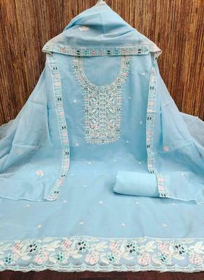 Teal chanderi  embroidered unstitched dressmaterials 3 pair top bottom dupptaa 2