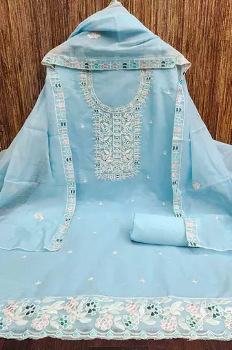 Teal chanderi  embroidered unstitched dressmaterials 3 pair top bottom dupptaa