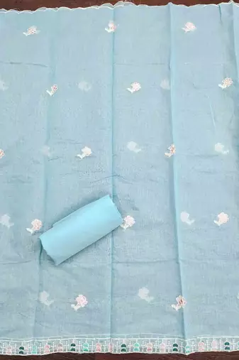Teal chanderi  embroidered unstitched dressmaterials 3 pair top bottom dupptaa