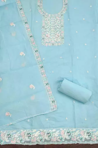 Teal chanderi  embroidered unstitched dressmaterials 3 pair top bottom dupptaa