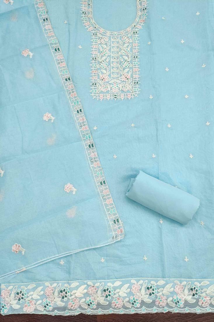 Teal chanderi  embroidered unstitched dressmaterials 3 pair top bottom dupptaa