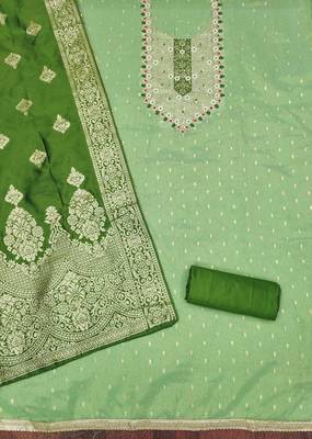 Green silk embroidered unstitched dressmaterials 3 pair top bottom dupptaa 1
