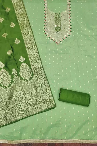 Green silk embroidered unstitched dressmaterials 3 pair top bottom dupptaa