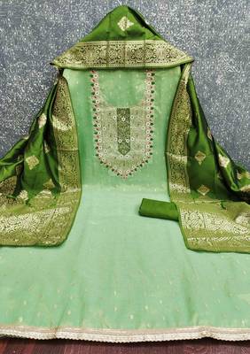 Green silk embroidered unstitched dressmaterials 3 pair top bottom dupptaa 2