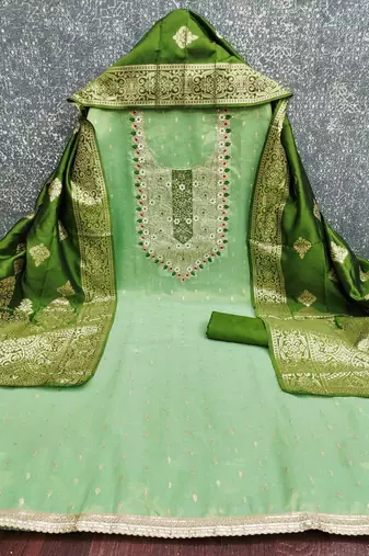 Green silk embroidered unstitched dressmaterials 3 pair top bottom dupptaa