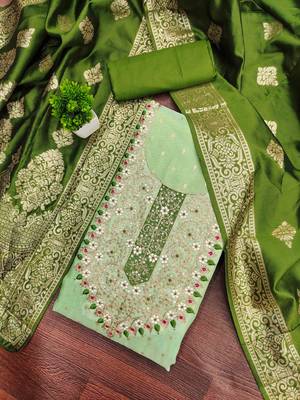 Green silk embroidered unstitched dressmaterials 3 pair top bottom dupptaa 3