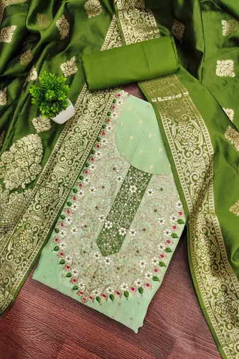 Green silk embroidered unstitched dressmaterials 3 pair top bottom dupptaa