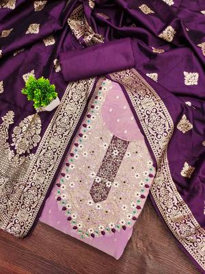 Lavender silk embroidered unstitched dressmaterials 3 pair top bottom dupptaa 1