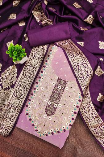 lavender silk blend embroidered unstitched dressmaterials 3 pair top bottom dupptaa