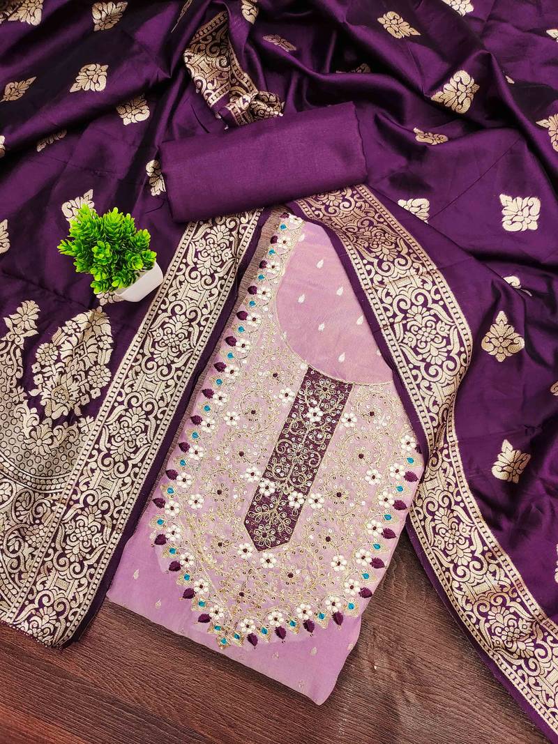Lavender silk embroidered unstitched dressmaterials 3 pair top bottom dupptaa