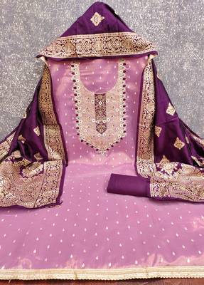 Lavender silk embroidered unstitched dressmaterials 3 pair top bottom dupptaa 3