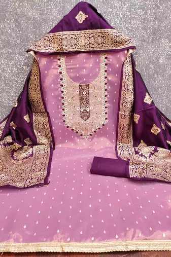lavender silk blend embroidered unstitched dressmaterials 3 pair top bottom dupptaa