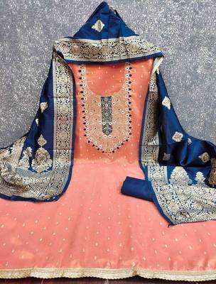 Orange silk embroidered unstitched dressmaterials 3 pair top bottom dupptaa 3