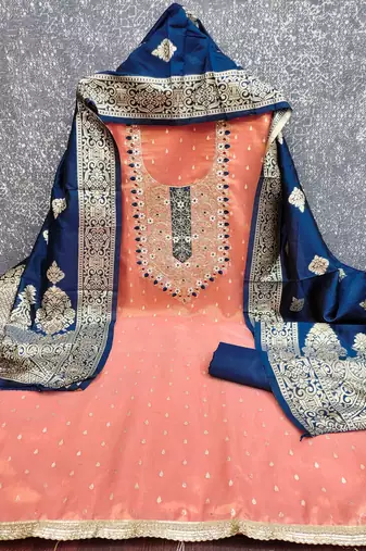 orange silk blend embroidered unstitched dressmaterials 3 pair top bottom dupptaa