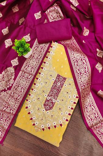 yellow silk blend embroidered unstitched dressmaterials 3 pair top bottom dupptaa