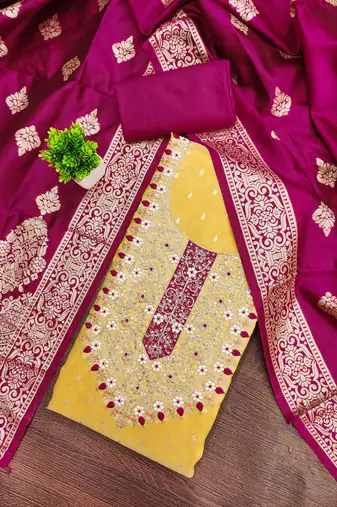 yellow silk blend embroidered unstitched dressmaterials 3 pair top bottom dupptaa