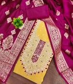 Yellow silk embroidered unstitched dressmaterials 3 pair top bottom dupptaa