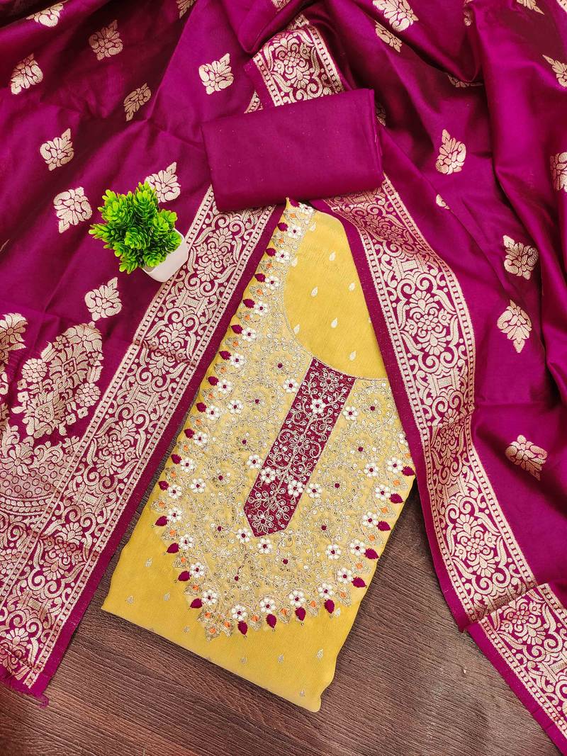 Yellow silk embroidered unstitched dressmaterials 3 pair top bottom dupptaa