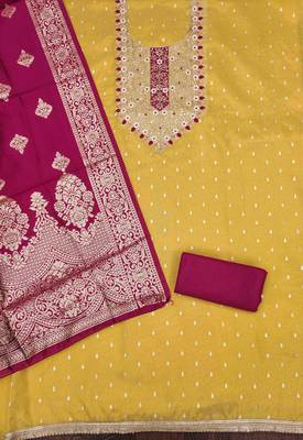 Yellow silk embroidered unstitched dressmaterials 3 pair top bottom dupptaa 2