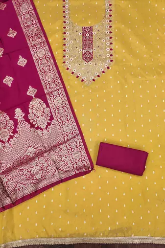 yellow silk blend embroidered unstitched dressmaterials 3 pair top bottom dupptaa
