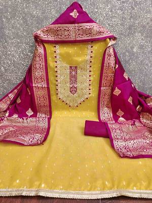 Yellow silk embroidered unstitched dressmaterials 3 pair top bottom dupptaa 3