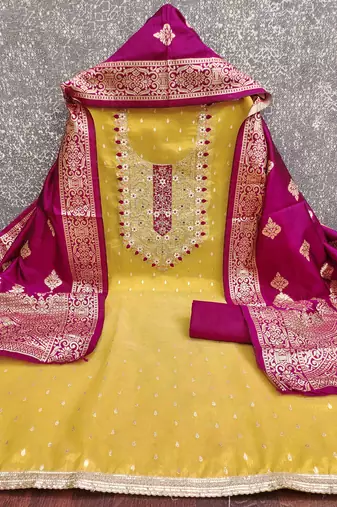 yellow silk blend embroidered unstitched dressmaterials 3 pair top bottom dupptaa