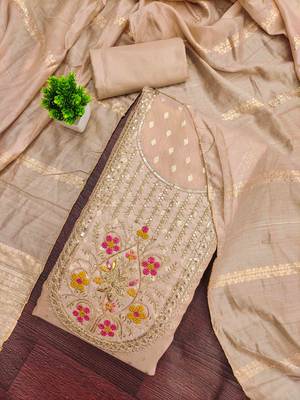 Cream silk embroidered unstitched dressmaterials 3 pair top bottom dupptaa 1