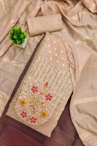 Cream silk embroidered unstitched dressmaterials 3 pair top bottom dupptaa